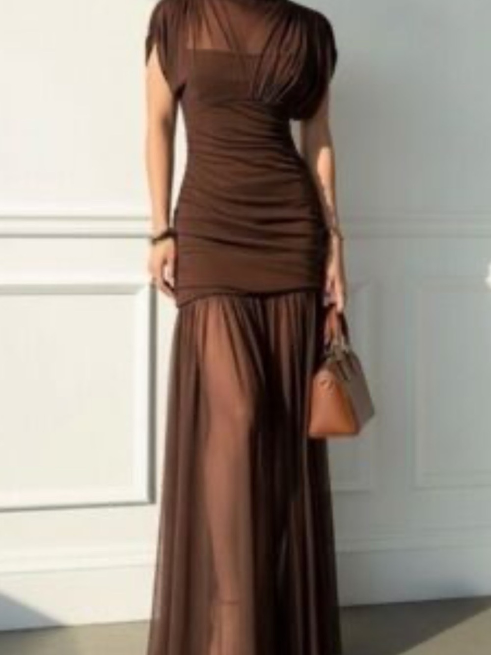 Zara Brown Draped Sheer Brown Maxi Dress with Draped Bodice